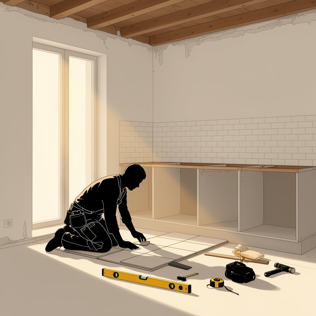 Hantverkare lägger klinker under en pågående renovering